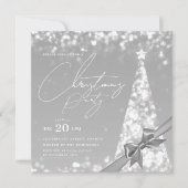 モダン シルバー 冬 クリスマスツリー リボン パーティー  招待状 (正面)