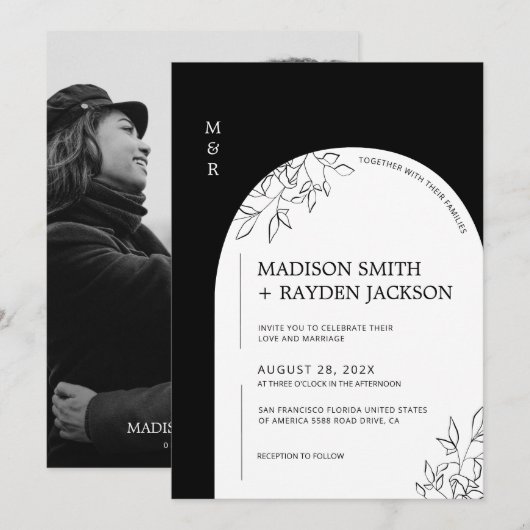 モダン シンプル アーチ ウェディング ブラック&ホワイト 招待状 (正面/裏面)