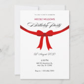 モダン シンプル エレガント 赤リボン ボウ 誕生日 招待状 (正面)