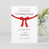 モダン シンプル エレガント 赤リボン ボウ 誕生日 招待状 (スタンド正面)