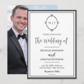 モダン シンプル スクリプト モノグラム フォト ウェディング セーブザデート (正面/裏面)