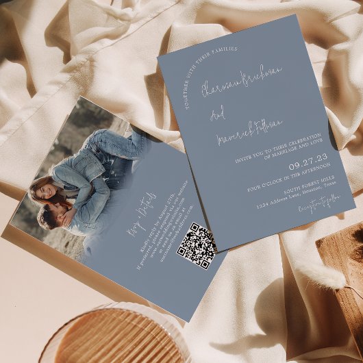 モダン シンプル ダスティーブルー RSVP QRコード 結婚式 招待状