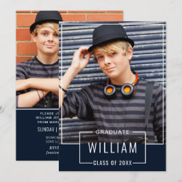 モダン シンプル ネイビー 2 フォト 卒業パーティー 招待状