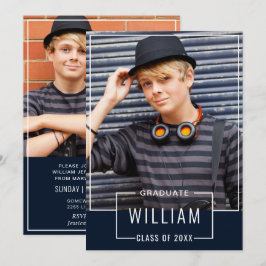 モダン シンプル ネイビー 2 枚の写真で楽しむ 卒業パーティー 招待状