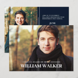 モダン シンプル ネイビー 2 枚の写真を使った卒業パーティー 招待状