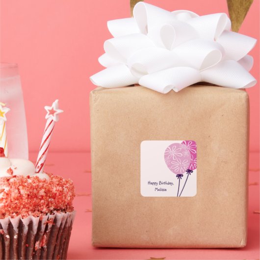 モダン シンプル ピンク風船 ハッピー バースデー スクエアシール (パーティー)