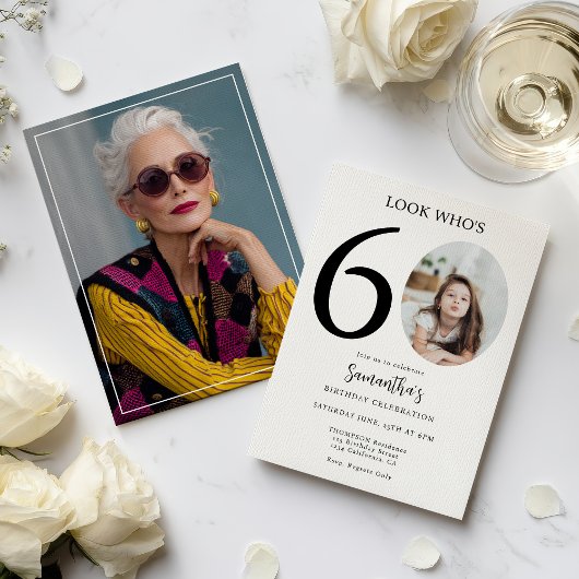 モダン シンプル ファン ブラック ホワイト 60歳の誕生日写真 招待状