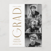 モダン シンプル ブラス 3 フォト 卒業パーティー インビテーションポストカード (正面)