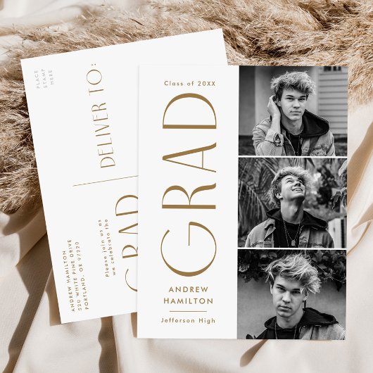 モダン シンプル ブラス 3 フォト 卒業パーティー インビテーションポストカード