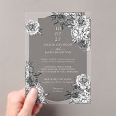 モダン シンプル ブラック＆ホワイトの芍薬の結婚式 アクリル招待状 (インサイチュ (ポータブル))