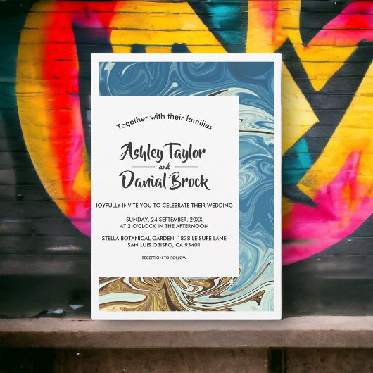 モダン シンプル ブルー アブストラクト アート タイポグラフィー ウェディング 招待状