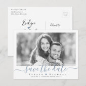 モダン シンプル ブルー スクリプト フォト セーブ ザ デート ポストカード (正面/裏面)