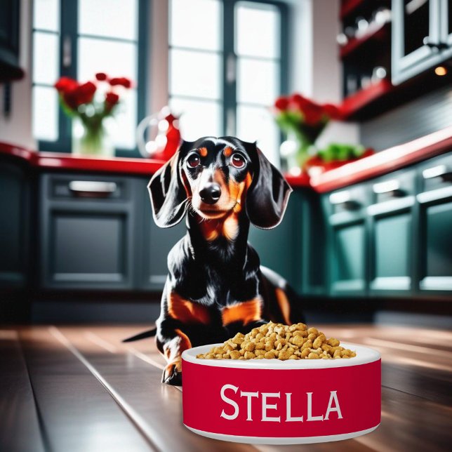 モダン シンプル ミニマリスト 赤 白 ペット 猫 犬 ボウル (A red and white ceramic bowl for food or water, personalized with your dog's name)