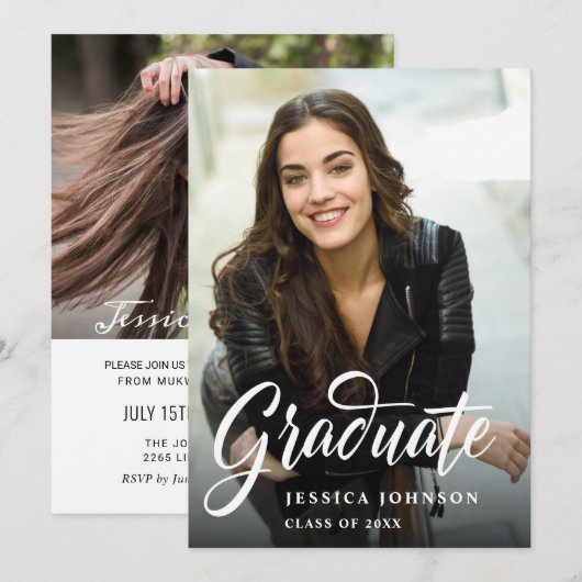 モダン シンプル ミニマル 2 フォト 卒業パーティー 招待状 (正面/裏面)