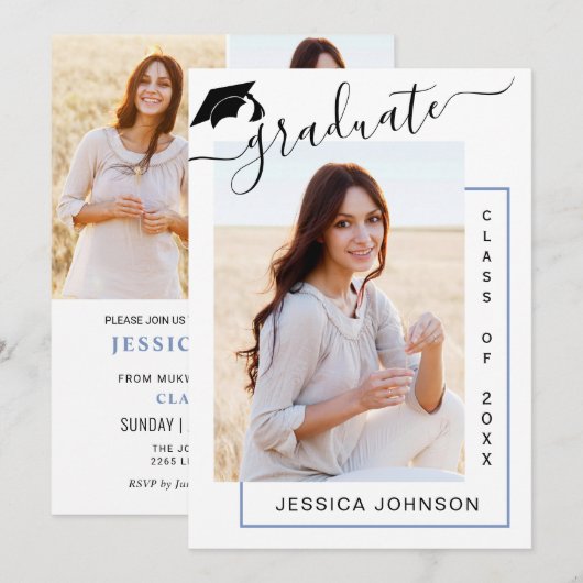 モダン シンプル ミニマル 4 フォト 卒業パーティー 招待状 (正面/裏面)