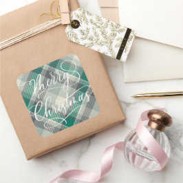 モダン シンプル メリークリスマス 緑のチェック柄 スクエアシール