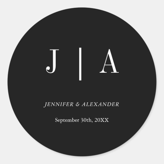 モダン シンプル モノグラム ブラック＆ホワイト ウェディング ラウンドシール (正面)