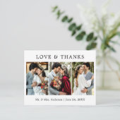 モダン シンプル ラブ アンド サンクス ウェディング 3 フォト ポストカード (スタンド正面)