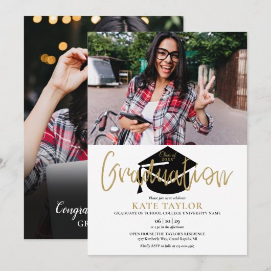 モダン シンプル 2 フォト ゴールド スクリプト 卒業パーティー 招待状 (正面/裏面)