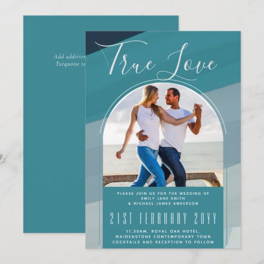 モダン シーグラス オーシャン ペコ ブルー ティール ウェディング 招待状 (正面/裏面)