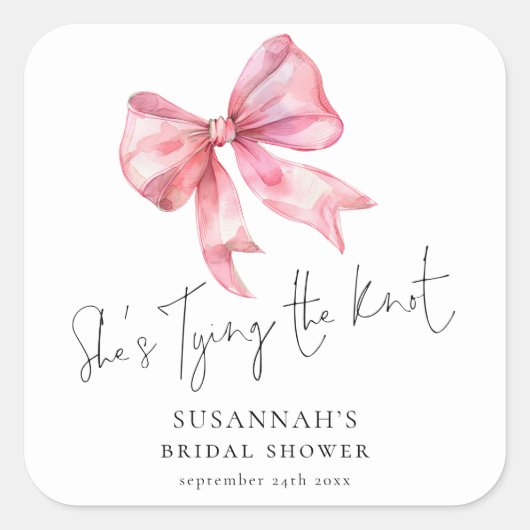 モダン シーズ タイング ザ ノット ピンク リボン ブライダル シャワー スクエアシール (正面)