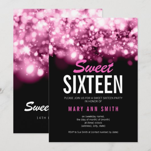 モダン スイート16 パーティー ピンクのスパークリング ライト 招待状 (正面/裏面)