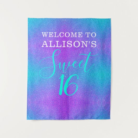 モダン スウィート16 ティール パープル グリッター パーソナライズド タペストリー (正面)
