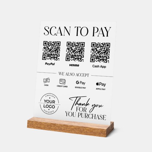 モダン スキャン・トゥ・ペイ サイン: PayPal, Venmo, キャッシュアプリ アクリルサイン (傾斜)