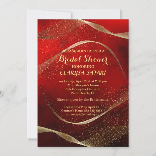 モダン,スタイリッシュ金ゴールド及び赤ブライダルシャワー 招待状 (正面)