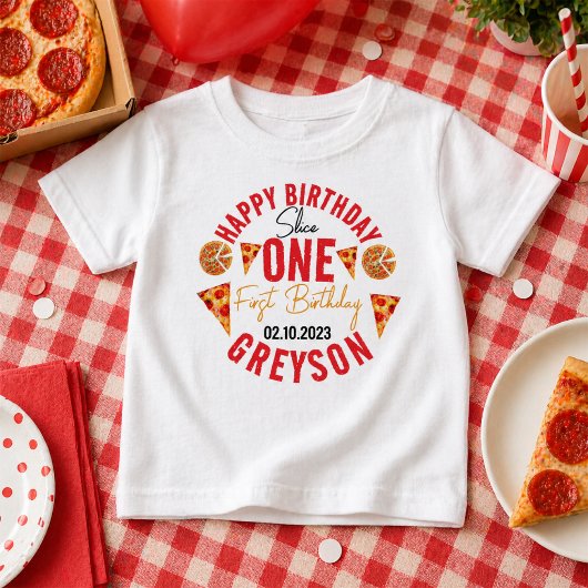 モダン・スライス・ベイビー・ピザ 1歳の誕生日 ベビーTシャツ