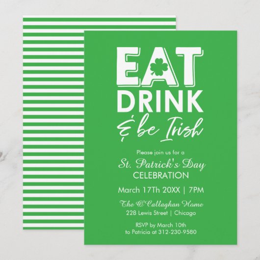 モダン セントパトリックデー Eat Drink Be Irish 招待状 (正面/裏面)