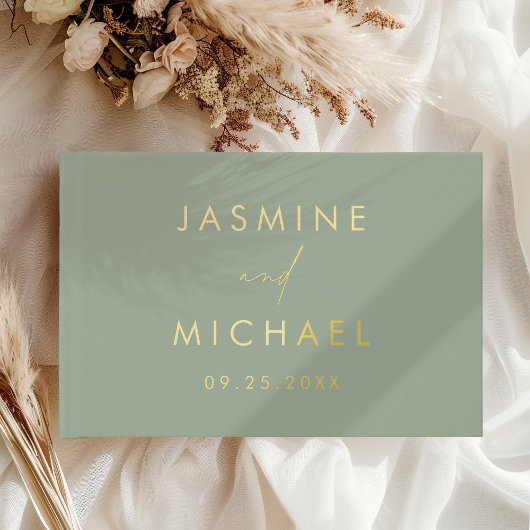 モダン・セージグリーンとゴールド箔押し写真の結婚式 ゲストブック