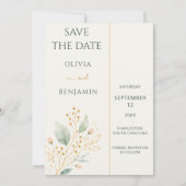 モダン・セージグリーン+ゴールドボタニカル Save the Date 招待状 (正面)