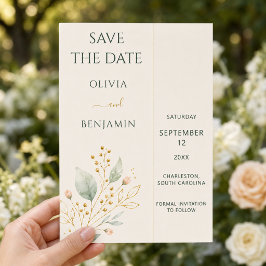 モダン・セージグリーン+ゴールドボタニカル Save the Date 招待状