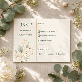 モダン・セージグリーン・ゴールド・ボタニカル結婚式RSVP 出欠カード