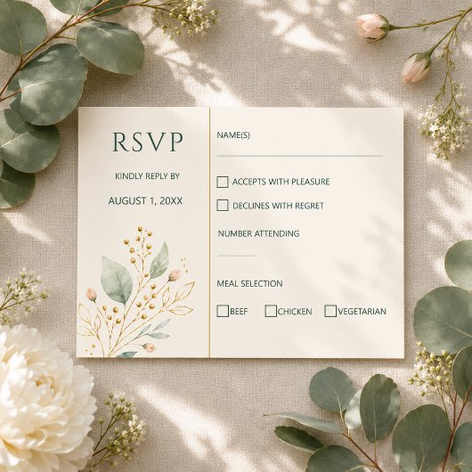 モダン・セージグリーン・ゴールド・ボタニカル結婚式RSVP 出欠カード