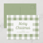 モダン・セージグリーン・チェックのクリスマス ポストカード (正面/裏面)