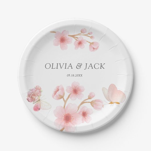 モダン ソフト ピンク フラワー & バタフライ サマー ウェディング ペーパープレート (正面)