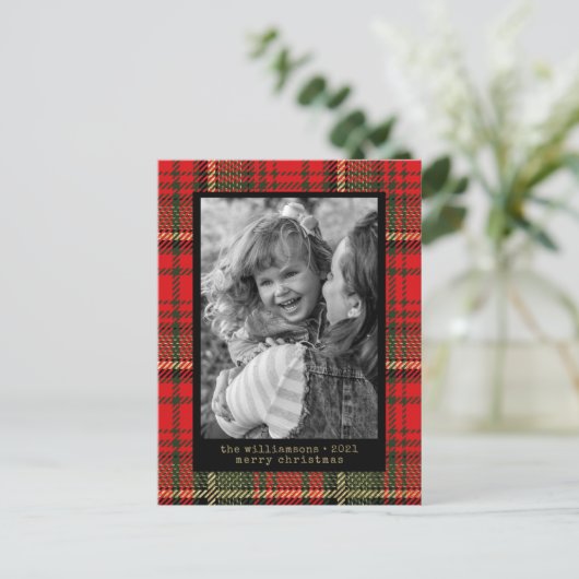 モダン タイプライター 赤と金のチェック柄 写真 ホリデー シーズンポストカード (スタンド正面)