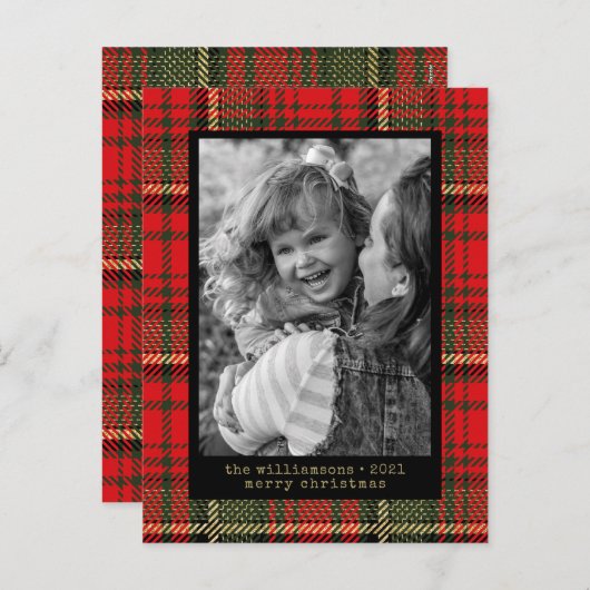 モダン タイプライター 赤と金のチェック柄 写真 ホリデー シーズンポストカード (正面/裏面)