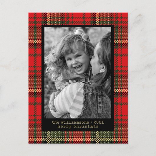 モダン タイプライター 赤と金のチェック柄 写真 ホリデー シーズンポストカード (正面)