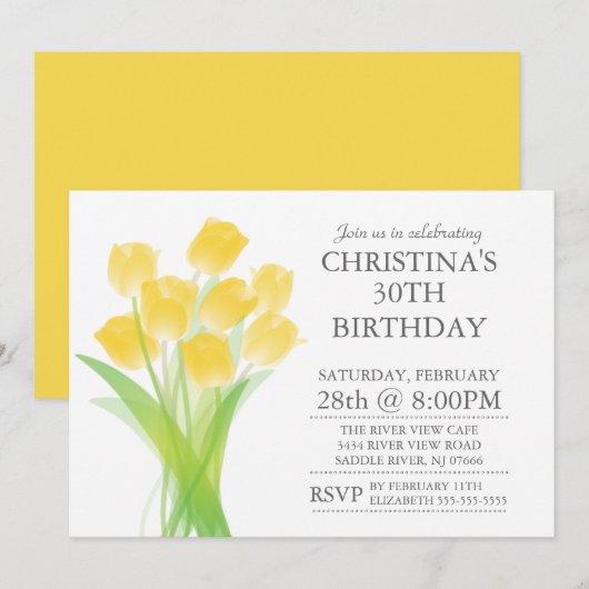 モダン タイポグラフィック チューリップ フラワーズ バースデー パーティー 招待状 (正面/裏面)