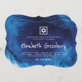 モダン タイポグラフィー ブルー ウォーターカラー バット ミッツヴァー 招待状 (正面/裏面)