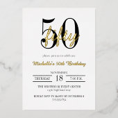 モダン タイポグラフィー 50歳の誕生日 白 黒 金 箔招待状 (正面)