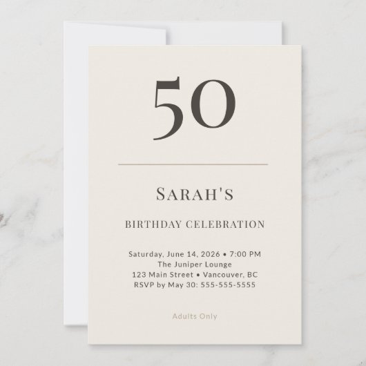 モダン・タウプ＆クリームの50歳の誕生日お祝い 招待状 (正面)