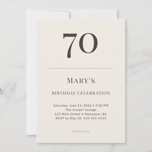 モダン・タウプ＆クリームの70歳の誕生日お祝い 招待状 (正面)