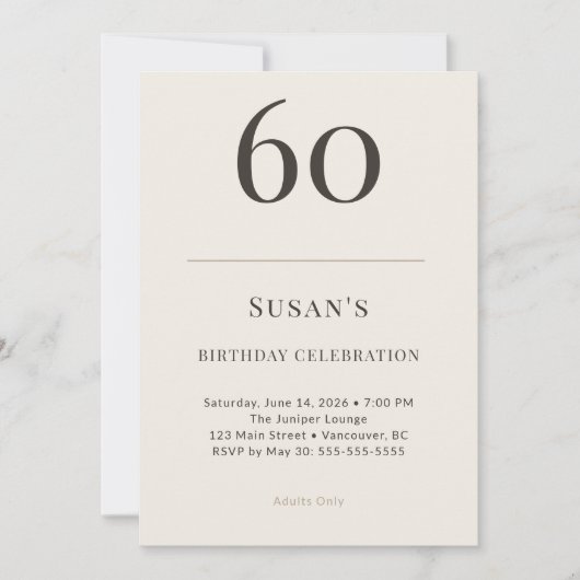 モダン・タウプ＆クリーム60歳の誕生日お祝い 招待状 (正面)