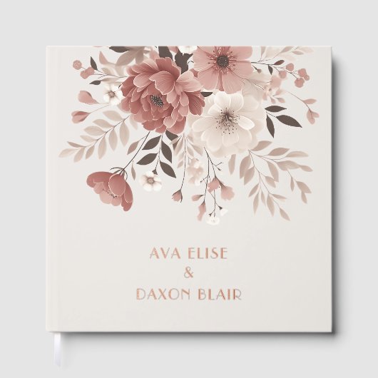 モダン&ダスティピンクフローラの結婚金ゴールド ゲストブック (正面)