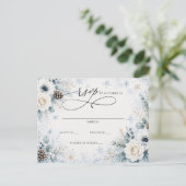モダン ダスティブルー フローラル 冬の結婚式 RSVP ポストカード (スタンド正面)