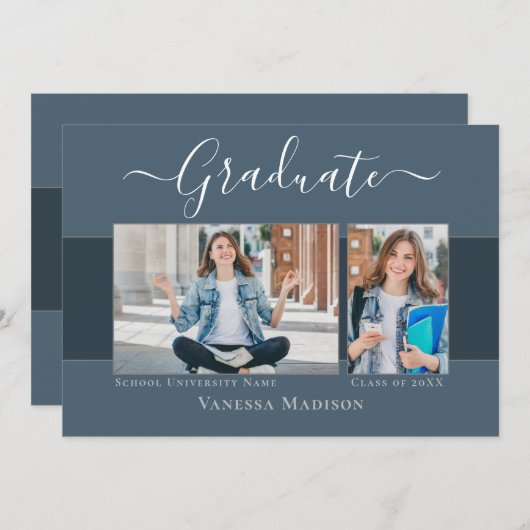モダン |ダスティーエレガントブルー2写真卒業 案内状 (正面/裏面)